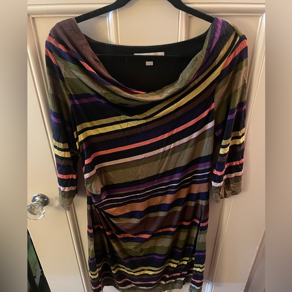 LOFT Cowl Neck Stripe 3/4 Sleeve Ruched Shift Dress LP - Picture 8 of 12